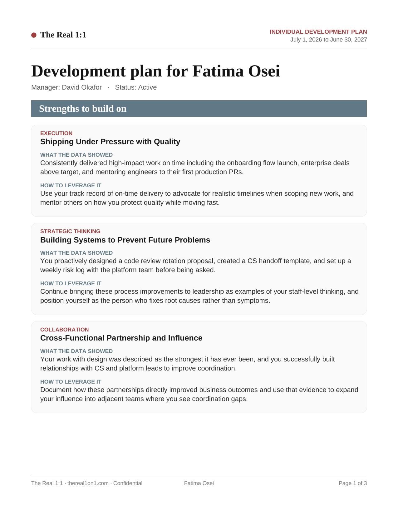 Individual development plan showing strengths, development focus areas, and goals for the year