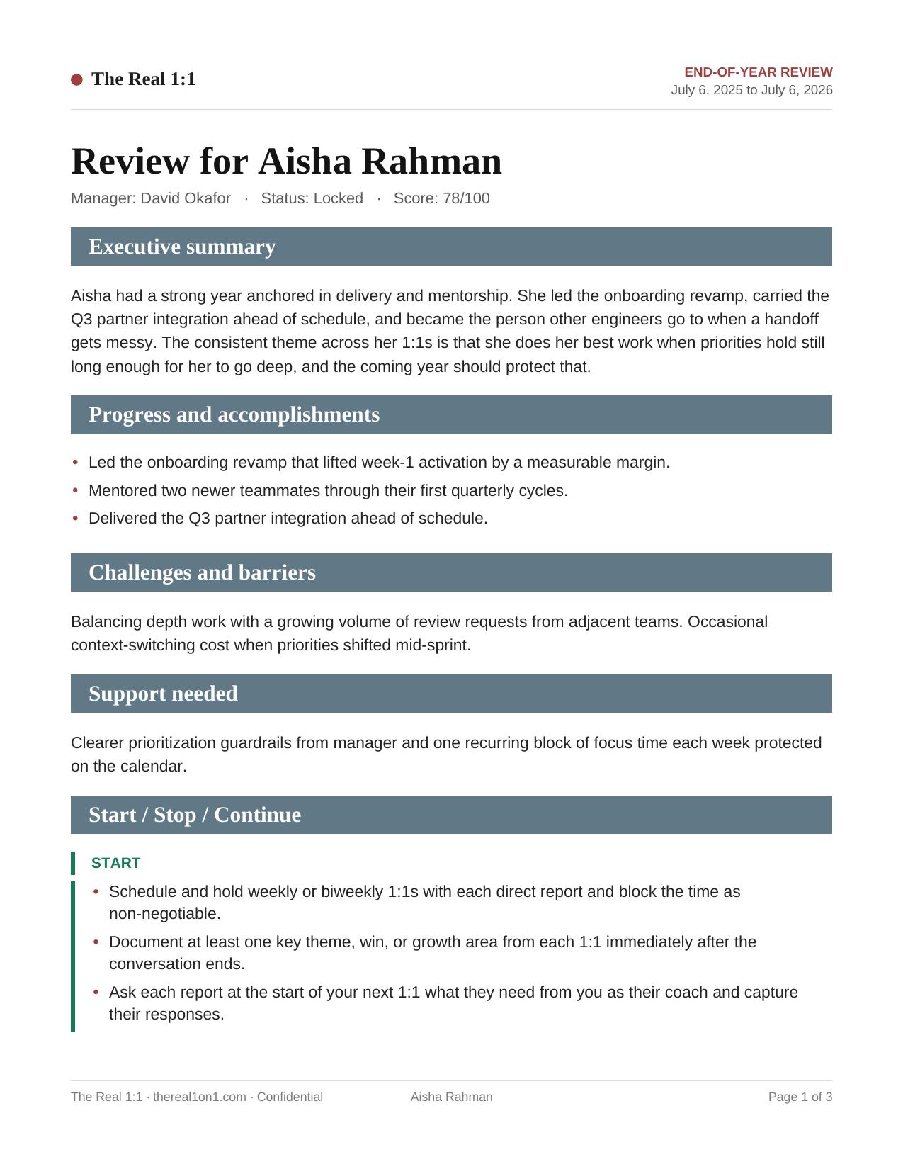 End-of-year performance review with employee reflection, score, progress, and challenges
