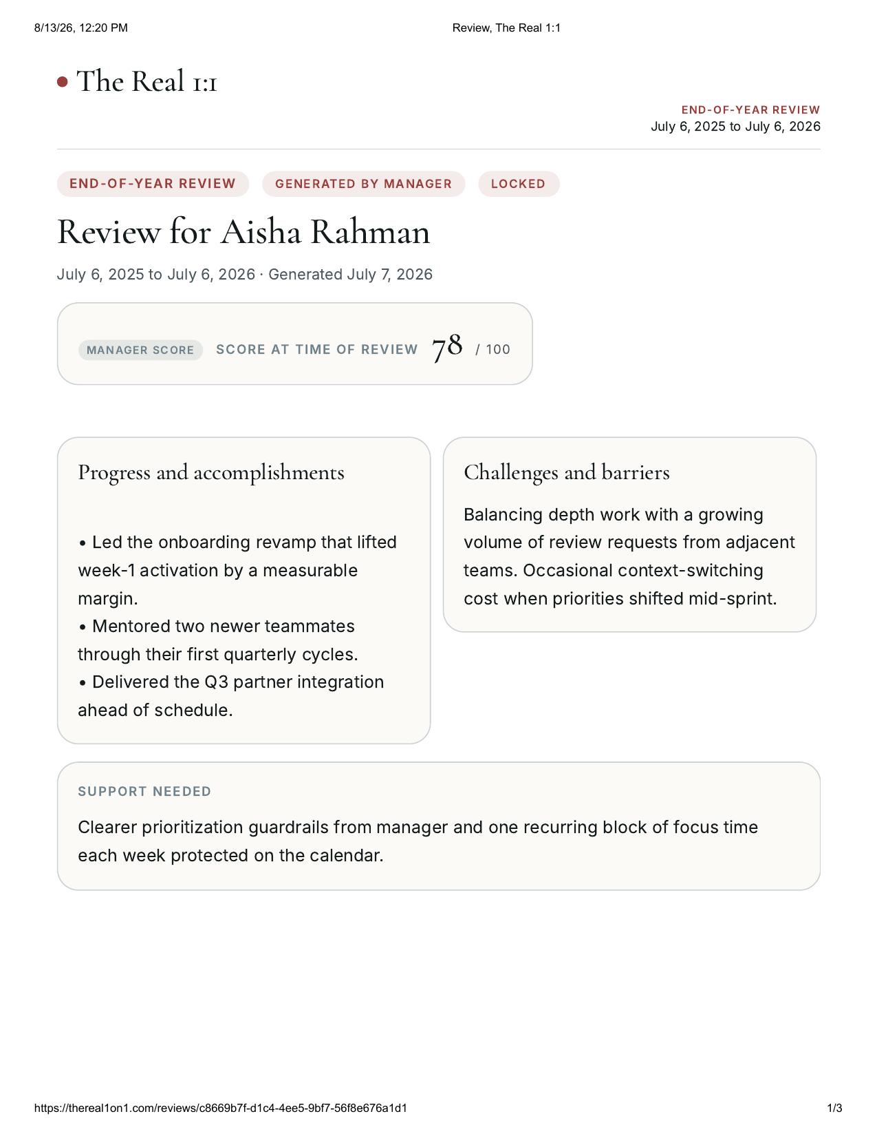 End-of-year performance review with employee reflection, score, progress, and challenges